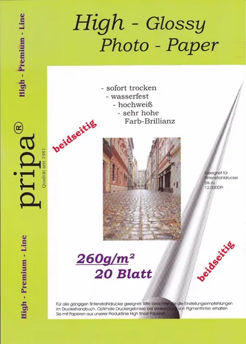 PRIPA Fotopapier 20 Blatt DIN A4 (ca. 210-297mm) 260g/m² glossy beidseitig dick!