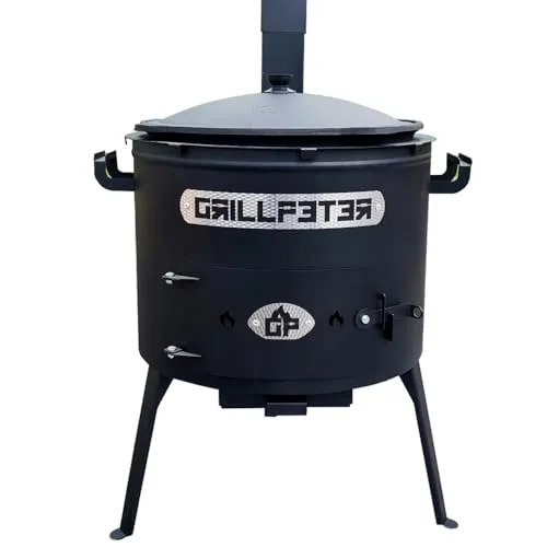 Grillpeter Utschak Asamat mit 16L Kazan aus Gusseisen - Kasserolle mit großem 16L Volumen, ideal für deftige Eintöpfe und Grillgerichte, robustes Gusseisen für optimale Wärmeverteilung.