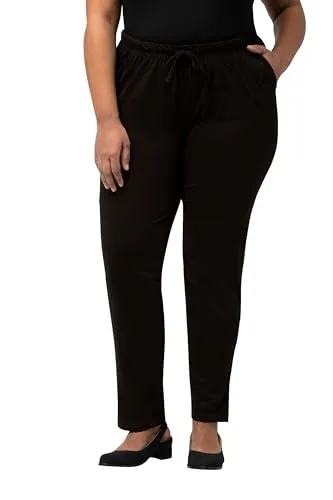 Ulla Popken Damen Hose Schwarz, 66-68 EU - Activewear-Hosen für Damen, lange Bootcut-Hose aus weichem Baumwolljersey mit elastischem Bund für perfekten Tragekomfort und praktische Seitentaschen.
