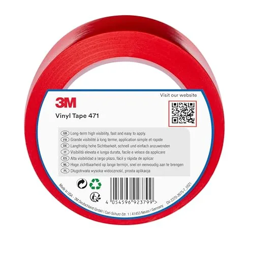 3M 471 Hochwertiges Weich-PVC-Klebeband, 50 mm x 33 m, Rot - Sicherheitswarnbänder mit hervorragender Haftkraft, ideal für unebene und 3D-Oberflächen. Lässt sich rückstandsfrei entfernen und bewahrt seine signalfarbene Sichtbarkeit.