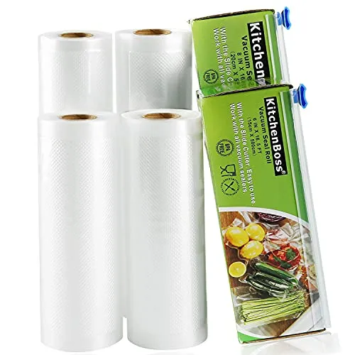 KitchenBoss Vakuumbeutel für Lebensmittel, 4 Rollen, 15 cm x 5 m und 20 cm x 5 m, insgesamt 20 m, Lebensmittel-Vakuumrollen mit 2 Schneidboxen (keine Schere mehr), BPA-frei, für Vakuumierer
