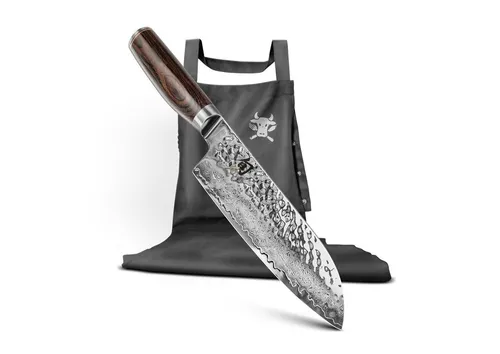 KAI Shun Premier Tim Mälzer Geschenkset Santoku 18cm - Küchenmesser und limitierte Tim Mälzer Kochschürze, perfektes Weihnachtsgeschenk 2024, 32 Lagen Damaststahl für optimale Schneideleistung und stilvolles Design.