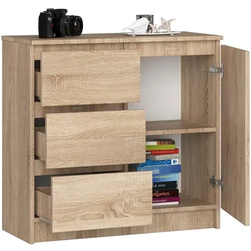 BDW - Kommode mit 3 Schubladen und 1 Tür - 80 cm breit, 77 cm hoch - Schrank, Sideboard, Mehrzweck-, Schuhschrank, Schubladenkommode, Aktenschrank - Wohn-, Schlafzimmer, Flur - Eiche Sonoma
