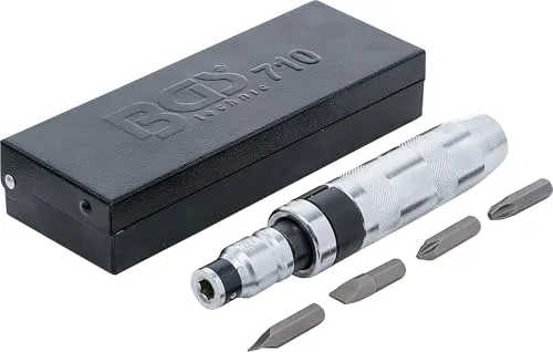BGS 710 Hand-Schlagschrauber-Satz 5-tlg. in Metallkassette - Robuster Hand-Schlagschrauber-Satz mit 2 Kreuzschlitz- und 2 Schlitz-Bits. Ideal für den professionellen Einsatz und sicher verstaut in einer stabilen Metallkassette.