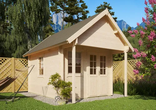 Satteldach Gartenhaus Modell Boden-2 - Massives Satteldach Gartenhaus aus 40mm nordischer Fichte, ideal für jede Gartensituation. Mit stabiler Dachkonstruktion und hochwertiger Doppeltür bietet es viel Platz und Sicherheit. Optional in anderen Größen erhältlich.
