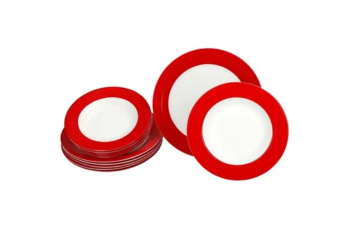 12tlg Tafelservice VARIANT ROT für 6 Personen aus Porzellan - Hochwertiges Porzellan-Tafelservice für 6 Personen. Die leuchtenden roten Teller und Schalen sind spülmaschinen- und mikrowellengeeignet und ideal für jede Gelegenheit.