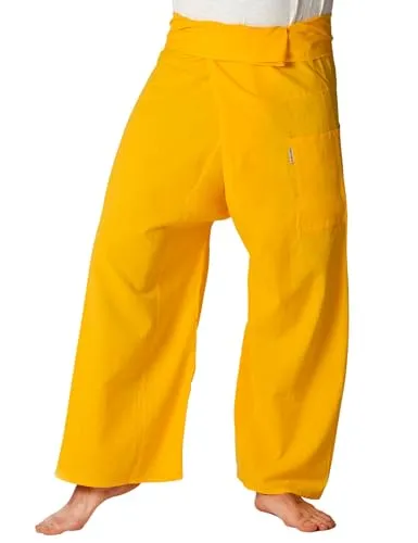 PANASIAM Fisherman Pants Unicolor, Yellow, L - Bequeme Thai Fischerhose aus 100% Baumwolle, ideal für Yoga, Meditation und Freizeit. Praktische Wickeltechnik für perfekten Sitz von S bis XL, fair produziert und angenehm zu tragen.