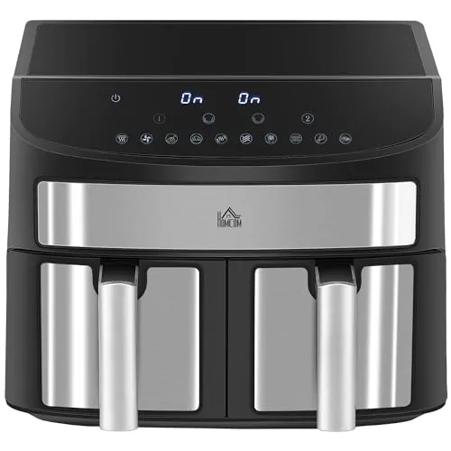 HOMCOM Heißluftfritteuse 8L Fritteuse mit Doppelkammer, Airfryer mit 10 Programmen, 2400 W Luftfritteuse mit Touchscreen, Rezeptur, ohne Öl, Schwarz