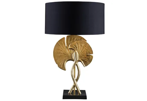 riess-ambiente Tischleuchte GINKGO 62cm schwarz/gold - Nachttischleuchte mit extravagantem Design, edler Kombination aus schwarzem Baumwollschirm und goldenen Ginkgo-Blättern für stimmungsvolle Beleuchtung.