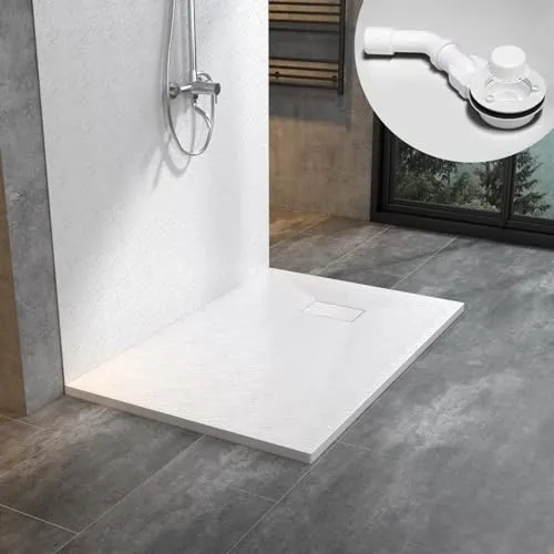 WITEN&NOCK SMC Duschwanne 120x90cm weiß Brausewanne Duschtasse extra flache Steinoptik Antirutsch inkl. Abdeckung und Ablaufgarnitur Ø90mm Siphon