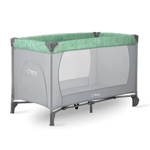 MoMi BELOVE Kinderreisebett - Grau-Grün, zusammenklappbar und mobil - Reisebetten für Kinder, ideal für unterwegs mit Tragetasche und 2 Rollen für einfachen Transport. Abwaschbar und platzsparend zusammenklappbar.