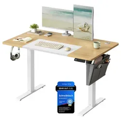 SONGMICS Höhenverstellbarer Schreibtisch, elektrisch, 120/140/160 cm, weiß-Pastellgelb - Schreibtische mit elektrischem Höhenverstellmechanismus für ergonomisches Arbeiten, inklusive Stoff-Organizer für optimalen Stauraum und Ordnung.