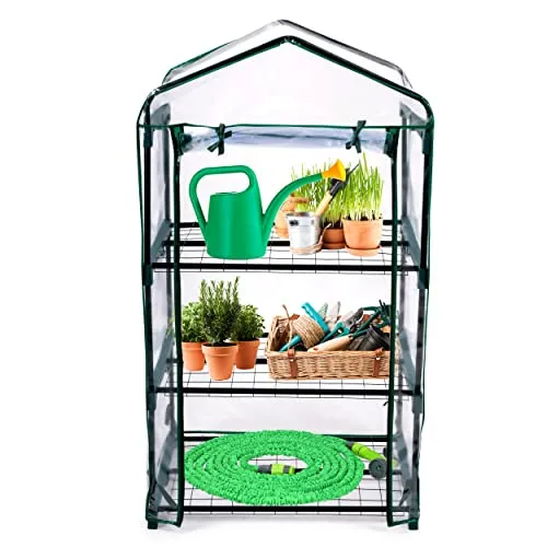 Kinzo Garden Gewächshaus - Gewächshaus mit 3 Etagen - 69 x 49 x 136 cm - Transparent mit grünen Akzenten