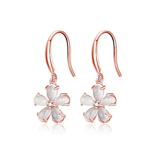 Silber Ohrringe mit Funkelndem Edelstein-Katzenauge Hängend, Blumen Ohrhänger für Damen, Frauen, Mädchen Sterling Silber Blüten (Rosegold) 925