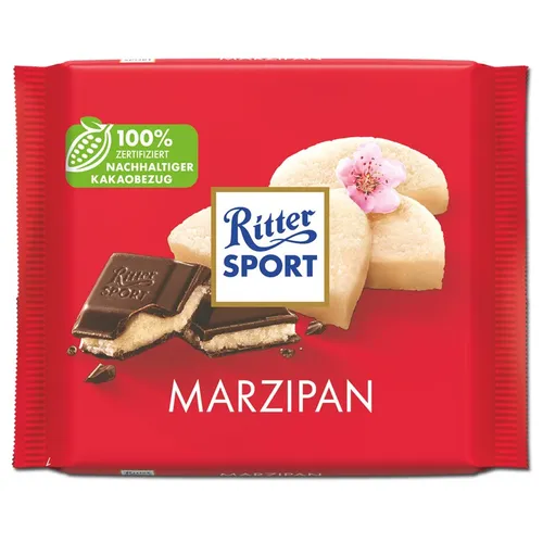 Ritter Sport Marzipan, Schokolade, 100g Tafel - Tafelschokolade mit feinem Marzipanfüllung, ideal für Naschkatzen und Liebhaber edler Süßigkeiten.