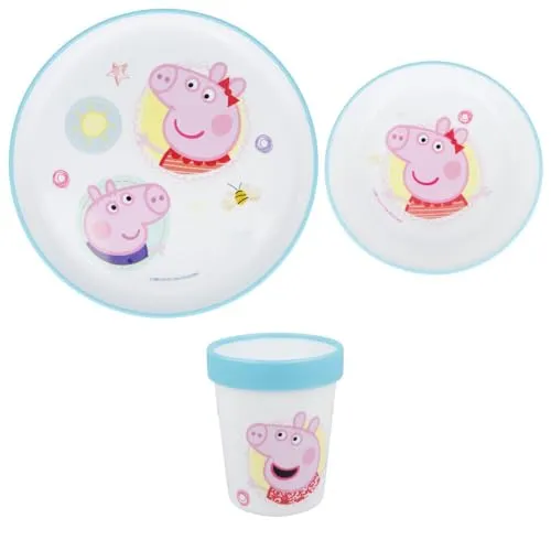 Peppa Wutz & George Kinder Geschirr-Set 3-teilig – Teller, Schüssel & Henkelbecher – Offizielles Peppa Frühstücksset für Kinder