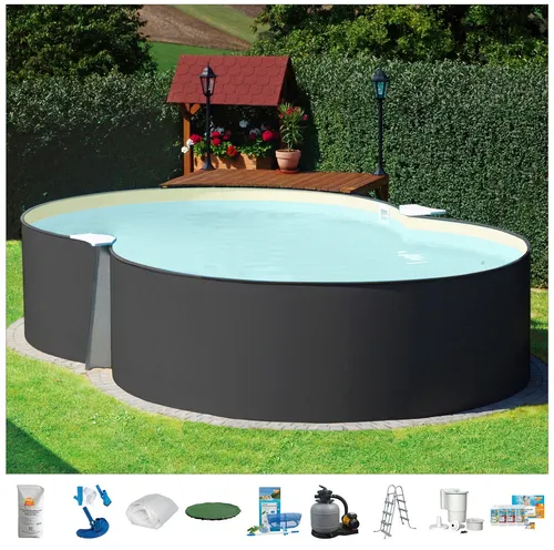 KONIFERA Achtformpool PALMA 2 - Komplett-Set in sandfarben - Vielseitiger Achtformpool mit robustem Stahlwanddesign, inklusive Sandfilteranlage und Zubehör. Ideal für entspannende Sommertage im eigenen Garten.