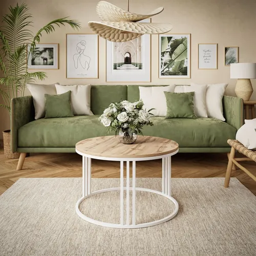 Lookway Couchtisch, Weiß, Eiche, Rund, 70x48 cm - Eleganter Couchtisch im Loft-Stil mit runder Form und Metallgestell, ideal für stilvolle Wohnzimmer und multifunktionale Nutzung.