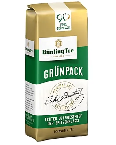 Bünting Tee Grünpack Echter Ostfriesentee – loser Schwarztee – 250g - Tees – Hochwertiger loser Schwarztee aus Ostfriesland, ideal für die traditionelle Teezubereitung mit aromatischem Geschmack und goldbrauner Tasse.