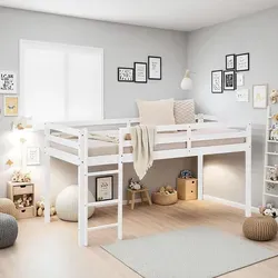 Homestyle4u Kinderbett 90x200 mit Lattenrost in Weiß - Modernes Hochbett aus Kiefernholz, ideal für Kinderzimmer. Mit Sicherheitsumrandung und Platz für Spielzeuge unter dem Bett. Leiter wechselseitig montierbar.
