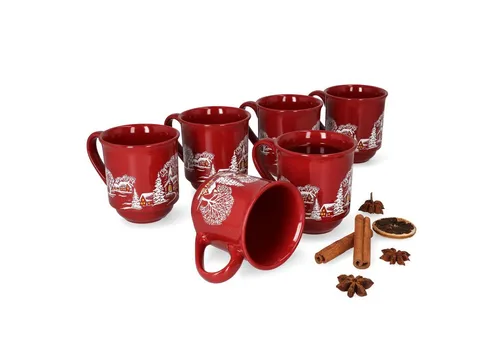 MamboCat Tasse 6er Set Glühweinbecher in dunkelrot Weihnachtslandschaft 0,2L geeicht, Porzellan, Weihnachtsgeschirr, Weihnachten, Weihnachtsmarkt, Punsch