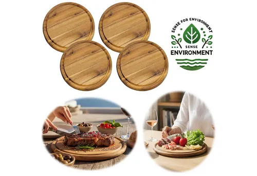 LS-LebenStil Servierbrett Set - 4x Holz Fleischteller 25cm Akazie - Hochwertiges Set aus 4 runden Akazienholz-Brettchen (25cm), ideal zum Servieren und Schneiden. Mit praktischer Saftrille und feuchtigkeitsabweisender Oberfläche, perfekt für jede Mahlzeit.
