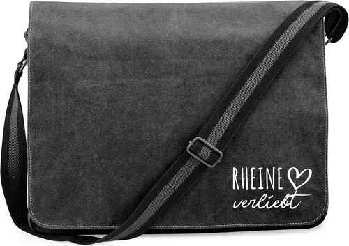 Huuraa Umhängetasche Rheine verliebt 14 Liter Black Canvas Laptoptasche Geschenkidee