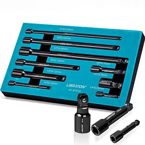 Libraton Kippverlängerungs Satz 9tlg, Zoll Verlängerung 1/2, 3/8, 1/4-Inch, Extension Bar Set Cr-V mit verchromt im EVA-Ablagefach (Schwarze elektrophoretische Beschichtung)