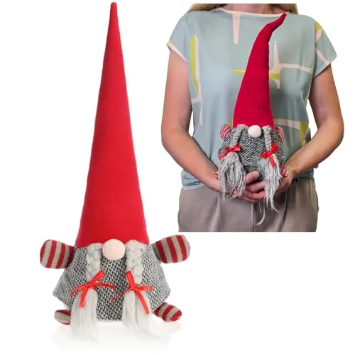 com-four® Wichtel Zwerg mit roter Zipfelmütze 40 cm - 1,4 kg schwerer Türstopper - Weihnachtsdeko Figur im nordischen Design - Kantenhocker, Buchstütze (Wichtel - rote Mütze grauer Zopf)