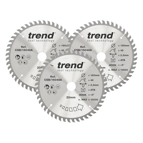 Trend Holz Kreissägeblatts, 3er-Pack, 160mm Durchmesser, 20mm Bohrung, 48 Zähne, HW, 2,2mm Schnittbreite, +15° Haken, CSB/160/3PK