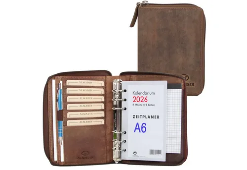 ALMADIH Konferenzmappe A6 Ledermappe - Premium Organizer für 2025 - Elegante Konferenzmappe aus hochwertigem Voll-Rindsleder in Braun Deluxe, ausgestattet mit flexibler Ringbuchmechanik und zahlreichen Fächern für optimale Organisation.