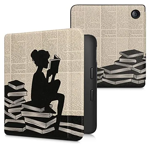 kwmobile Schutzhülle für Kobo Libra 2 Hülle - eReader Flip Case mit Auto Sleep Funktion - Lesende Frau mit Schwarz Beige