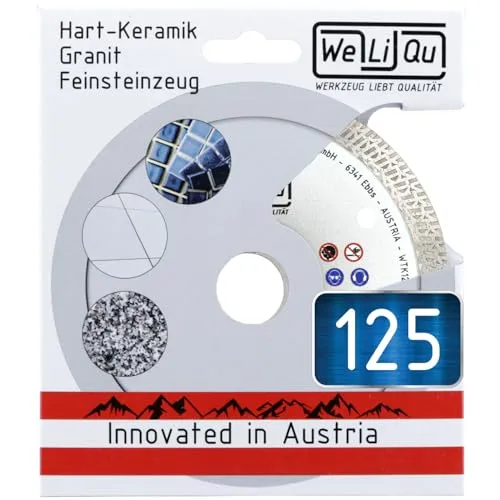 WELIQU PRO Diamanttrennscheibe 125 mm, Bohrung 22,23 mm, M14, extra dünn, Trennscheibe speziell für Keramik wie Porzellan und Steingut, Fliesen und Feinsteinzeug, Granit oder Marmor