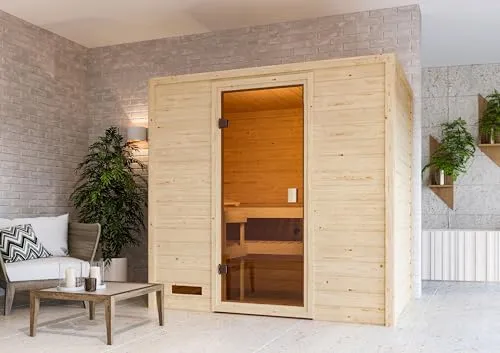 CHILLROI Innensauna Dorika mit 3,6kW Saunaofen - Saunakabine für kleine Räume (195 x 145 cm) aus nordischer Fichte, mit optimaler Wärmeisolierung und modernem Design für entspannte Wellnessmomente. Einfache Montage dank Steck-Schraub-System.