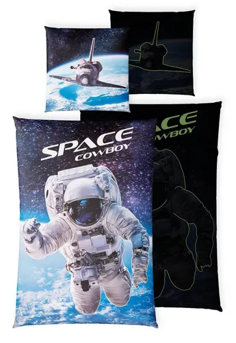 Glow in the Dark Kinder Bettwäsche 135 x 200 - Astronauten Design - Bettwäsche für Kinder mit leuchtendem Effekt und 10 Spielen auf der Rückseite. Hergestellt aus 100 % Baumwolle, sorgt sie für eine harmonische Atmosphäre im Kinderzimmer.