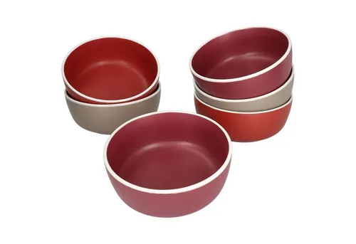 Van Well Liz 6er Set Bowl-Schale - 6er Set Salatschüsseln aus Steingut, ideal für Frühstück, Mittagessen und Snacks. Mikrowellen- und spülmaschinengeeignet, mit stilvollem Dekor in Sand, Terracotta & Dunkelrot.
