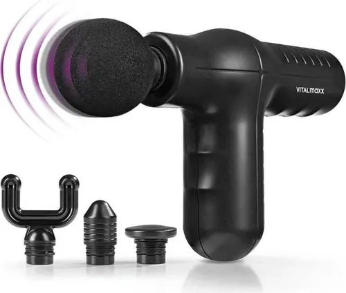 VITALmaxx Elektrische Mini Massage Gun - Elektrische Handmassagegeräte mit 5 Intensitätsstufen und 4 Aufsätzen. Ideal zur Linderung von Verspannungen und zur Verbesserung der Durchblutung. Kabellos dank 1800mAh Akku für bis zu 50 Minuten Laufzeit.