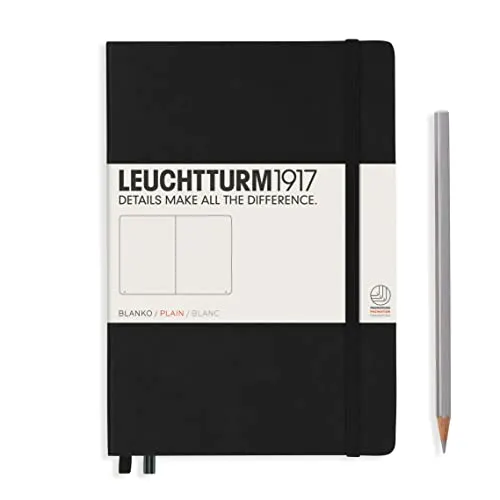 Leuchtturm1917 Notizbuch Medium A5 Hardcover Schwarz - 251 Seiten, blanko mit Gummiband und Fadenheftung, ideal für kreative Notizen und Skizzen