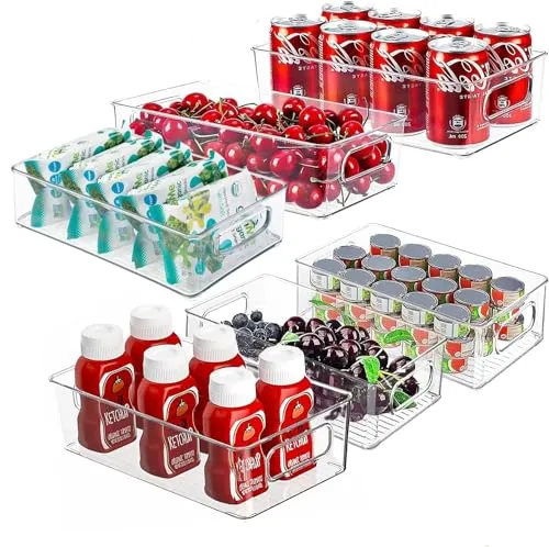 Mkitnvy kühlschrank Organizer 6 Set, Klare Aufbewahrung Sorganisatoren Mit Griff, Stapelbare Kühlschrankspeicherbehälter, ideal für Küchen, Kühlschrank, Schränke, Fridge -BPA Frei (3 Größen)