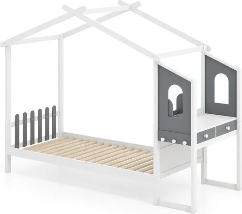 GOPLUS Hausbett 90 x 200 cm mit Schreibtisch und Stauraum