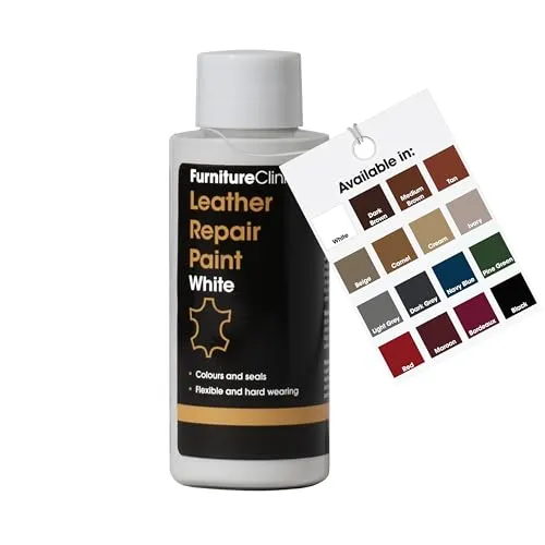 Furniture Clinic Lederreparatur-Farbe & Farbauffrischung | Selbstversiegelnder Lederfarbstoff für schnelle + einfache Ledersanierung | Ledersofas, Autositze, Lederschuhe, Leder (Weiß, 50ml)