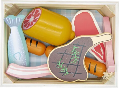 4iQ Holzspielzeug Holzkorb mit Fleich und Fisch 17x12,5x5 cm