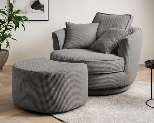 Furn.Design Loveseat Comfy (XL Sessel in grau Web-Velour, 360° drehbar), inklusive Hocker