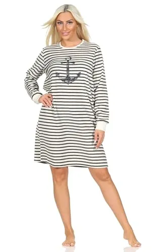 Normann Damen Frottee Nachthemd mit Anker-Motiv, maritimes Design, Größe 40-42 - KUSCHELIGES NACHTHEMD: Langärmliges Frottee Nachthemd in maritimen Farben und Anker-Motiven, ideal für kalte Nächte. Mit Bündchen für optimalen Sitz und mehr Komfort. Hergestellt nach Ökotex Standard 100 für geprüfte Qualität.