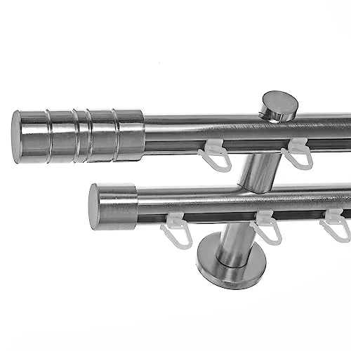 BASIT Gardinenstange 2 läufig Innenlauf Wandmontage 200 cm lang Edelstahl Look Vorhangstange doppelläufig mit Ø20mm Gardinenstangenset zweiläufig H40