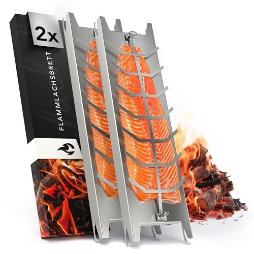 Flammlachsbrett Edelstahl 59,5cm - Extra langer Flammlachshalter für Feuerschalen & Grills - Grillgestelle: Hochwertiges 59,5cm Edelstahl Flammlachsbrett, 180° drehbar und spülmaschinenfest. Ideal für aromatischen Flammlachs direkt über Feuerschalen.
