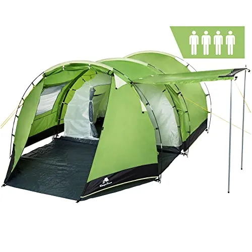 CampFeuer Zelt Super+ für 4 Personen | Grün | Großes Tunnelzelt mit 2 Eingängen und Vordach, 3000 mm Wassersäule | Gruppenzelt, Campingzelt, Familienzelt