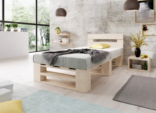 Lermowood Palettenbett M2 90 x 200 cm mit Kopfteil Natur Holzbett Massivholzbett Bett aus Paletten Seniorenbett Kinderbett Jugendbett
