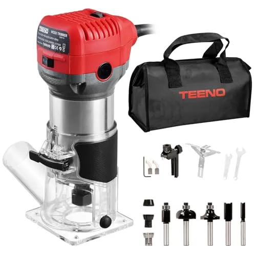 TEENO Holzfräse Oberfräse 800W 13000–33000 U/min mit Staubabsaugungsanschluss, Elektrik Kantenfräse Mit 5 Stück 1/4
