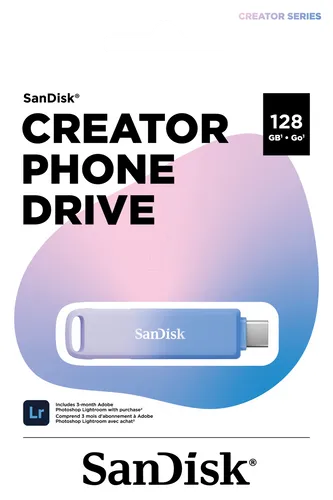 SanDisk Creator Phone Drive USB-Stick 128GB Blau, Lilac Purple - USB-Stick für Content Creator mit USB Type-C und Lightning-Anschlüssen, bietet bis zu 256 GB Speicherplatz und ein kostenloses 3-monatiges Adobe Lightroom Abonnement.